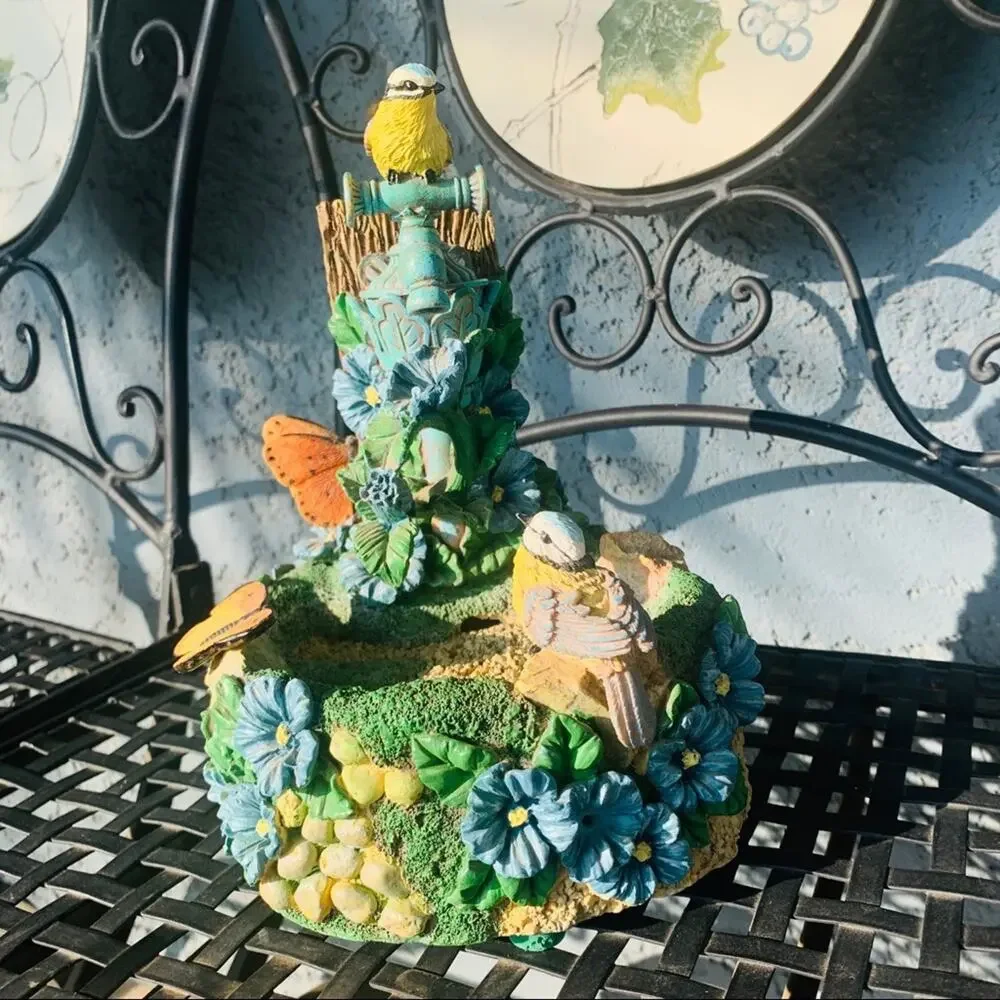 Vintage Feng Shui Inside Tabletop Resin Mini Bird Forest Fountain Granny Country